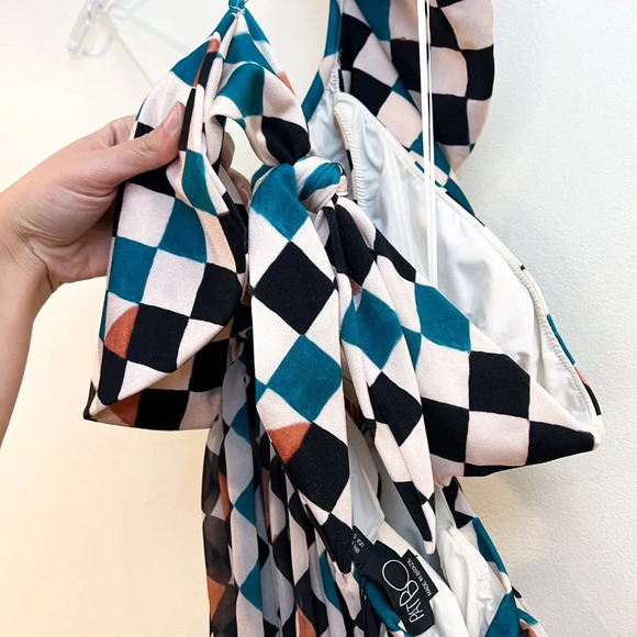 Patbo Check Printed Teal Multi One Shoulder Knee Length Beach Midi Dress S NWT - Picture 10 of 10